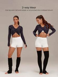 GLOWMODE Extra Cozy Over-The-Knee Stirrup Leg Warmers With Slouchy Fit & Metallic Logo Daily Casual Fall Winter Wear - Black - View 2