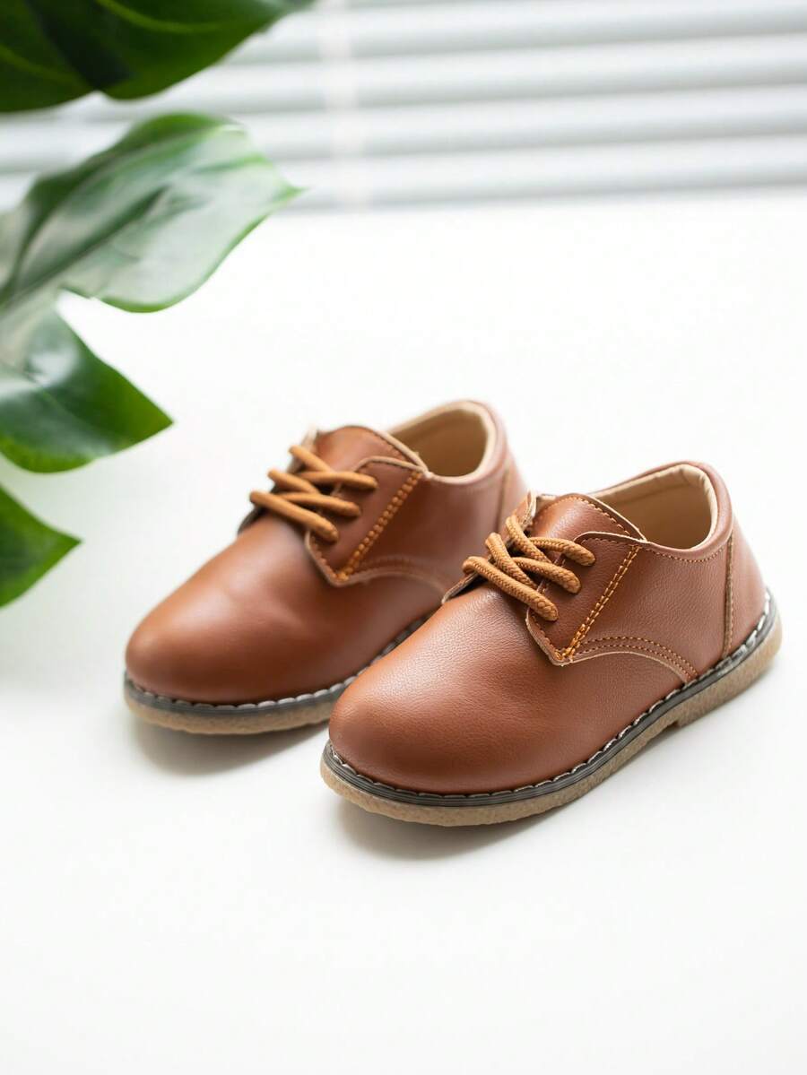 SHEIN Boys' PU Oxford Shoes, Round Toe Lace-Up Flat Shoes - Brown - View 1