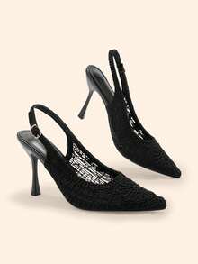 CUCCOO BASICS Spring And Summer Lace Woven Closed Toe Sandals Women's French Pointed Toe Thin Heel Empty Elegant Commuter Shoes - Black - View 1