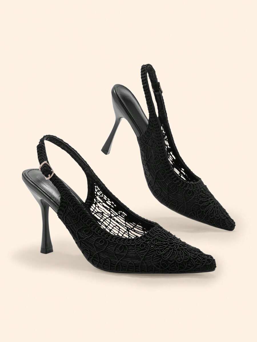 CUCCOO BASICS Spring And Summer Lace Woven Closed Toe Sandals Women's French Pointed Toe Thin Heel Empty Elegant Commuter Shoes - Black - View 1