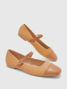 CUCCOO BIZCHIC Women's Colorblock Square Toe Buckle Strap Flat Mary Jane Shoes For Christmas Spring Shoes - Light brown - View 7