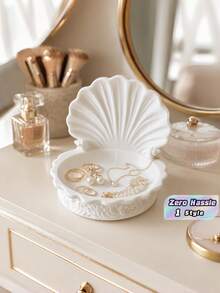 3D Printed Pearl White Shell Trinket Tray, Open Shell Ring Holder, Coastal Aesthetic Vanity Decor For Bedroom Bathroom Bookshelf, Gift For Women - White - View 1