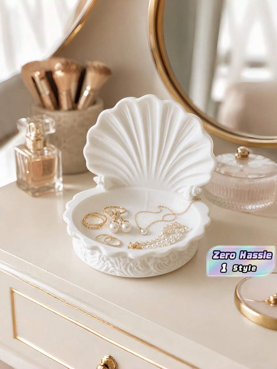 3D Printed Pearl White Shell Trinket Tray, Open Shell Ring Holder, Coastal Aesthetic Vanity Decor For Bedroom Bathroom Bookshelf, Gift For Women - White - View 1