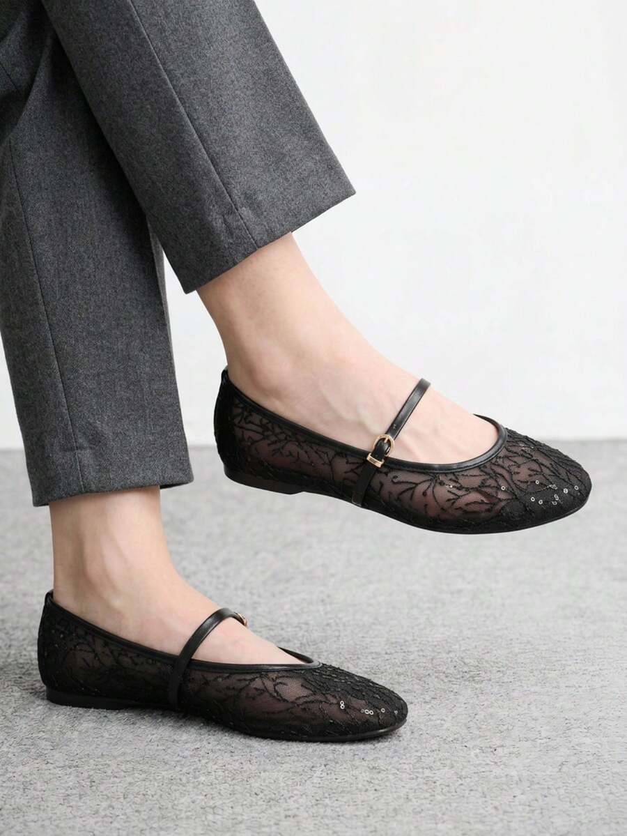 CUCCOO BIZCHIC Women's Flower Embroidered People's Flower Mesh Flats, Comfortable And Breathable Adjustable Buckle Design, Versatile Shoes For Daily Travel - Black 1 - View 1