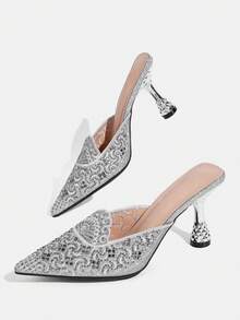 CUCCOO TILAWA Embroidery Sparkling Rhinestone Elegant Elegant Sexy Pointed Women's High Heels - Slip-On Exquisite Design, Using The Design Of Thin Closed Toe - Silver - View 5