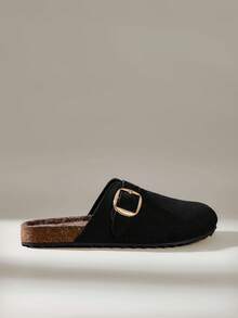 Solecia Autumn And Winter New Elegant Imitation Suede, Buckle With Round Toe Design, Slip-On Exposed Heel, Women's Flat Shoes - Black velvet - View 5