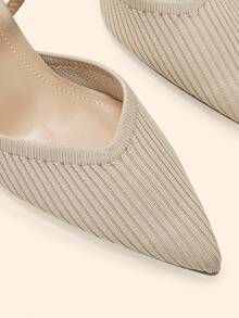 CUCCOO BASICS Women's Fashion Pointed V-Cut Fabric Woven Striped Surface. 3 Elastic Rear Strap Empty Shoes. Painted Medium-High Wine Glass Heel, Breathable Fall Shoes - Khaki - View 5