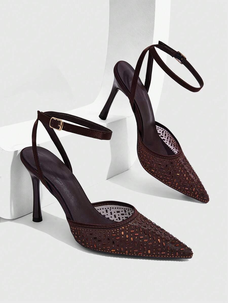 CUCCOO SZL Ladies Pointed Hot Diamond Buckle Design Fashionable Gorgeous Elegant High Heels - Brown - View 1