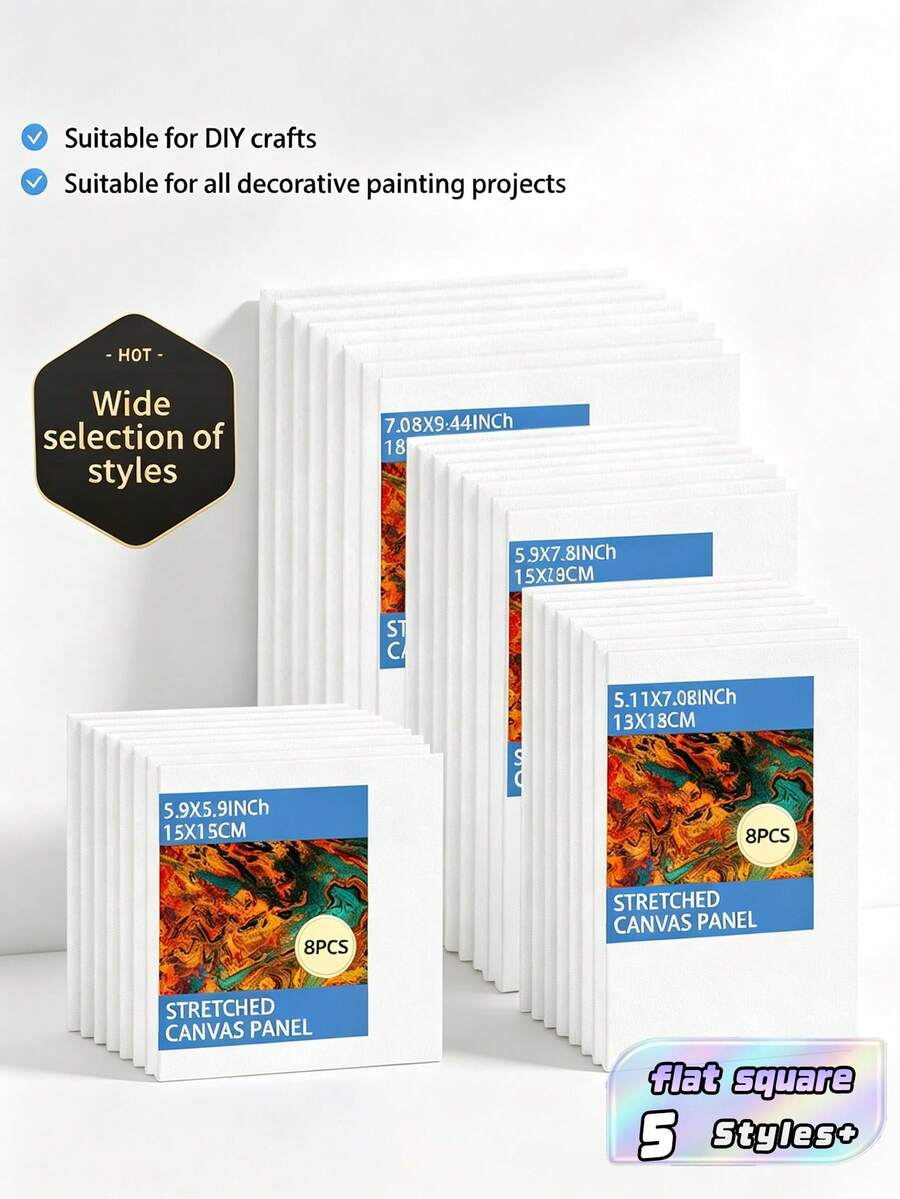 8Pcs Small Blank White Painting Canvas Boards, Assorted Sizes Flat Square Canvas Panels For Acrylic & Oil Painting - A - View 1