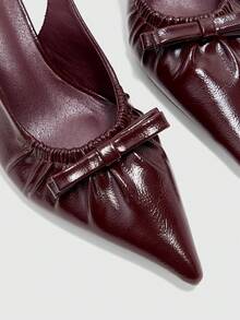 CUCCOO BIZCHIC Elegant Faux Leather Sling Heels With Pointed Toes, Pleated Topline Bows, Adjustable Shoulder Straps And Sculptural Block Heels For All-Day Comfort. - Jujube - View 6