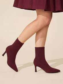 CUCCOO BASICS Women's Pointed Middle Tube Fabric Surface. Cloth Shaped Heel Medium High Heel Elastic Boots. Sexy Versatile Commuter Autumn And Winter Classic Fall Boots - Burgundy - View 2