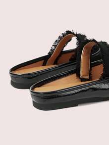 CUCCOO DOLLMOD Women's Fringe Trim Strap Split‑Toe Tabi Backless Slip‑On Flat Mule Slippers Black Fall Shoes - Black - View 6