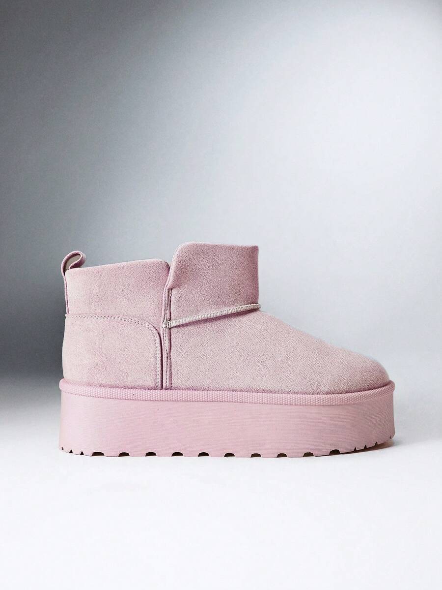 SHEIN SHUZIA 女款灰粉色麂皮厚底內裡抓毛穿脫式短筒雪地靴保暖冬季短靴 - 淺粉色 - 查看 1
