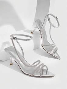 CUCCOO SZL Women's Fashion Pointed Wine Glass And Silver Rhinestone Transparent Open-Toed Ankle Strap Sexy High Heel Sandals Suitable For Dating Parties Summer S - Silver - View 2