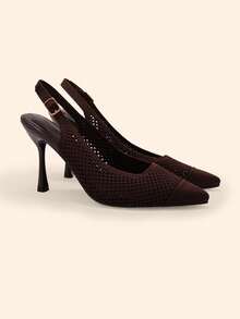 CUCCOO BASICS Spring And Summer Breathable Simple Knitted Mesh Pointed Back Empty Sandals Back Strap Thin Buckle Belt - Brown - View 3
