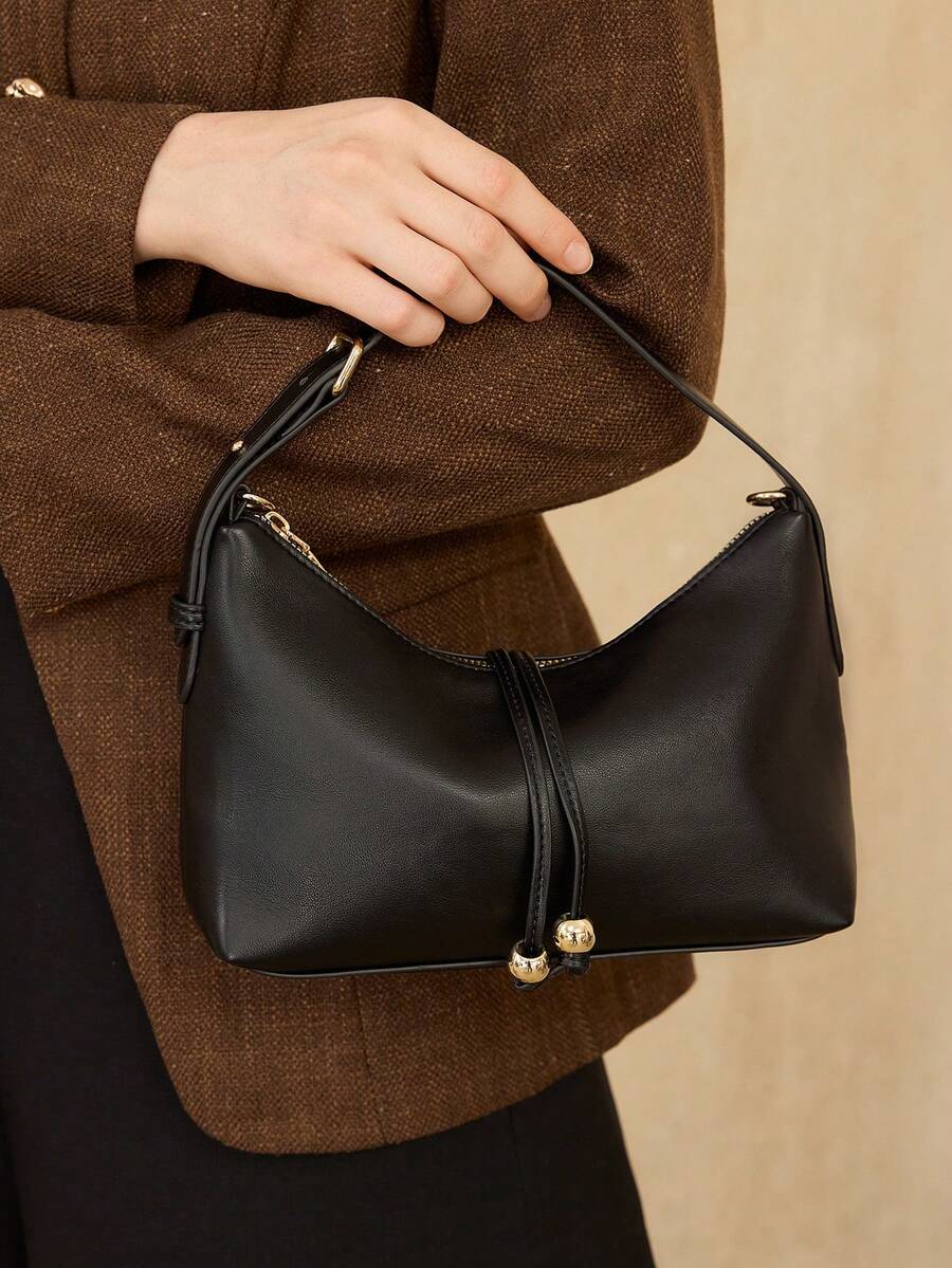 MOTF WOMEN'S FASHION BLACK HANDBAG, EXQUISITE BALL DECORATION, SIMPLE BAG ZIPPER BAG, FOR DAILY, COMMUTING, SHOPPING, TRAVEL - Black - View 1