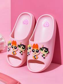 THE POWERPUFF GIRLS X SHEIN 卡通女款拖鞋，EVA材質，透氣快乾、輕量耐用，適合室內外、浴室、遊樂場、游泳池、海灘穿著的涼鞋 - 粉色 - 查看 1