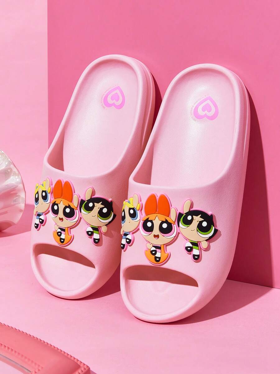 THE POWERPUFF GIRLS X SHEIN 卡通女款拖鞋,EVA材質,透氣快乾、輕量耐用,適合室內外、浴室、遊樂場、游泳池、海灘穿著的涼鞋 - 粉色 - 查看 1
