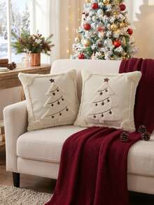 Cirelle 1pc/2pcs Christmas Tree Throw Pillow Covers, Soft Plush Decorative Cushion Covers With Tufted Embroidered Star, Cozy Holiday Pillow Case For Sofa Living Room Home Decor (No Insert) - Beige - View 1