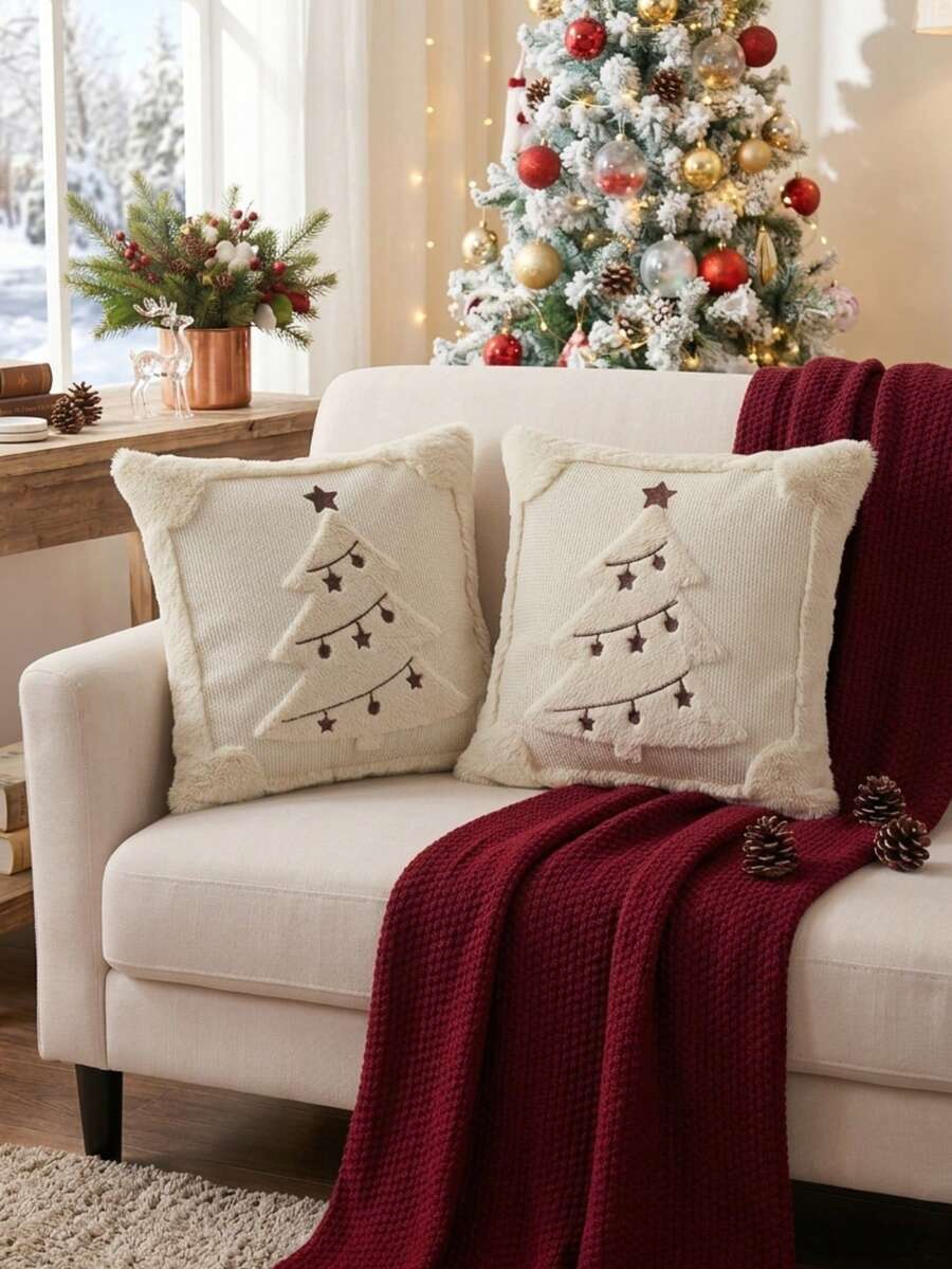 Cirelle 1pc/2pcs Christmas Tree Throw Pillow Covers, Soft Plush Decorative Cushion Covers With Tufted Embroidered Star, Cozy Holiday Pillow Case For Sofa Living Room Home Decor (No Insert) - Beige - View 1