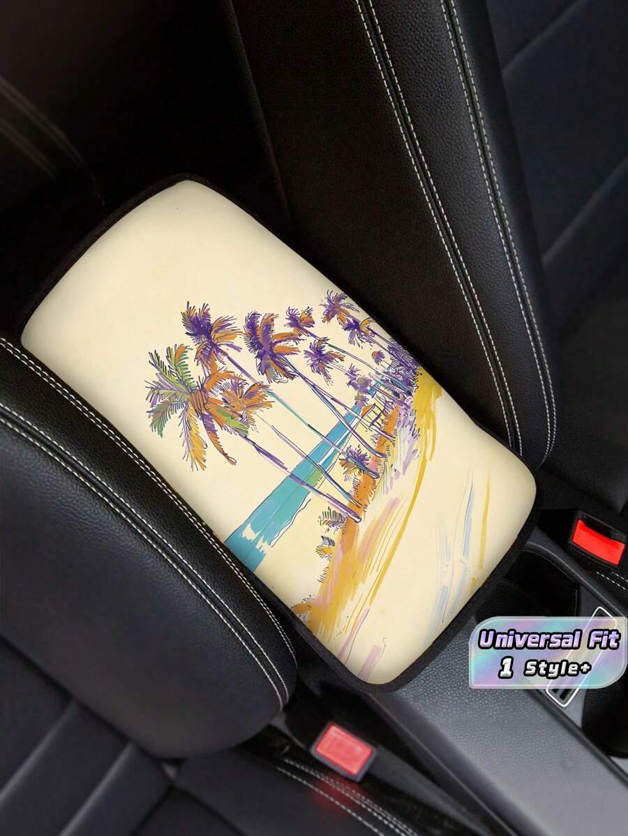 1PC Car Armrest Cover Palm Tree Beach Painting Center Console Armrest Cushion Universal Car Armrest Pad Polyester Fabric Auto Handrest Protector For Most Car Truck SUV Vehicle Interior Decor - A - View 1