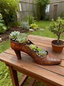 1PC Metal RustyLook HighHeel Shoe FlowerPot VintageStyle Simulation FlowerBasket Garden Ornament For Porch Yard Patio Balcony Home Decoration Wedding Birthday Gift Trending - one size fits all - View 4