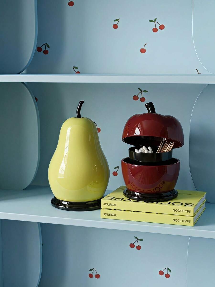 Joivida 1pc Fruit Shaped Decorative Storage Box Apple & Pear Trinket Organizer Cute Lidded Cotton Swab Container,Functional Countertop Storage Piece, Ideal For Vanity And Shelf Styling, Creative Housewarming Accent For Interior Refresh - View 1