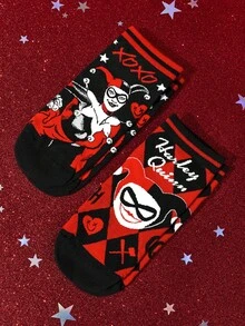 Harley Quinn X SHEIN 2雙女款卡通與字母圖案短襪 - 紅黑 - 查看 7