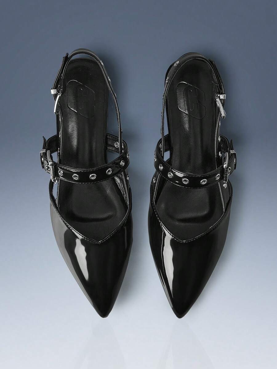 CUCCOO GRLICON Buckle Design Pointed Flat Sandals Black PU Leather Versatile Low-Heeled Shoes Women, Suitable For Locomotive Style And Personalized - Black - View 1
