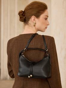 MOTF WOMEN'S FASHION BLACK HANDBAG, EXQUISITE BALL DECORATION, SIMPLE BAG ZIPPER BAG, FOR DAILY, COMMUTING, SHOPPING, TRAVEL - Black - View 8