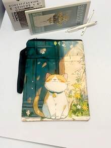 1PC Lightweight Durable Zipper Wrist Strap Multi Pocket Cute Cartoon Orange Cat Green Door Floral Print Book Tote Document Storage Pouch For Students Office Workers School Travel Daily Stationery Organizer - Single Piece - View 4