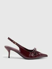 CUCCOO BIZCHIC Elegant Faux Leather Sling Heels With Pointed Toes, Pleated Topline Bows, Adjustable Shoulder Straps And Sculptural Block Heels For All-Day Comfort. - Jujube - View 1