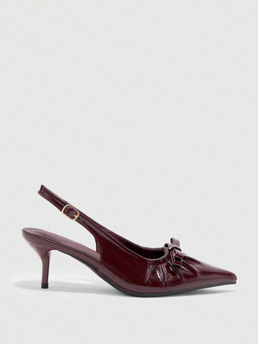 CUCCOO BIZCHIC Elegant Faux Leather Sling Heels With Pointed Toes, Pleated Topline Bows, Adjustable Shoulder Straps And Sculptural Block Heels For All-Day Comfort. - Jujube - View 1
