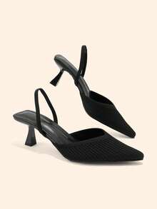 CUCCOO BASICS Ladies Pointed Kitten Heel Black Knitted V-Cut Striped Rear Elastic Band Ladies Rear Empty Shoes Daily Commute Elegant Breathable High Heels - Black - View 2