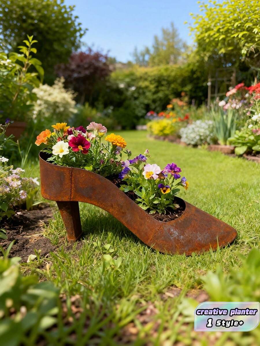 1PC Metal RustyLook HighHeel Shoe FlowerPot VintageStyle Simulation FlowerBasket Garden Ornament For Porch Yard Patio Balcony Home Decoration Wedding Birthday Gift Trending - one size fits all - View 1