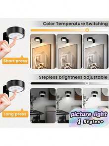 3 -Battery Powered Picture Light, Magnetic Art Display Lamp With Multi Lighting Modes, Wireless Adjustable Black Wall Light With Remote & Timer Function For Portrait Paintings & Photo Frames - Black - View 1