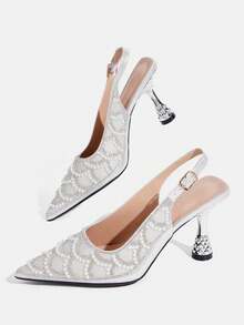 CUCCOO TILAWA Pearl Decoration Silver Sparkling Rhinestone Elegant Temperament Sexy Pointed Women's High Heels - Exquisite Design With Buckle, Using The Design Of T - Silver - View 3