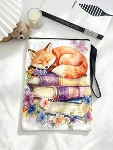 1PC Durable Polyester Zipper Book Sleeve With Outer Pocket Wrist Strap Washable Lightweight Watercolor Sleeping Fox Floral Book Stack Print Book Protector Pouch For Paperback Books Tablet Stationery Home Office Travel School Book Lovers - A - View 2