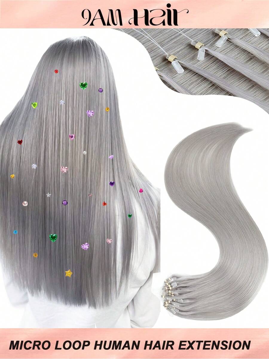 50 Strands Microlink Hair Extensions Human Hair, Silver Gray Micro Loop Design, Silky Straight Micro Bead Texture, Premium Healthy Remy Hair, Easy To Install, Ideal For Women Daily Styling, Hair Volume Boosting And Halloween Cosplay Occasions - SSilver Gray - View 1