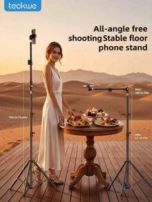 Teckwe Adjustable Floor Tripod With Rotating Telescopic Arm And Phone Holder, Featuring Height-Adjustable Extension And Telescopic Mechanism, Portable And Easy To Store. Suitable For Smartphone Photography, Live Streaming, Video Recording - 74inch - View 1
