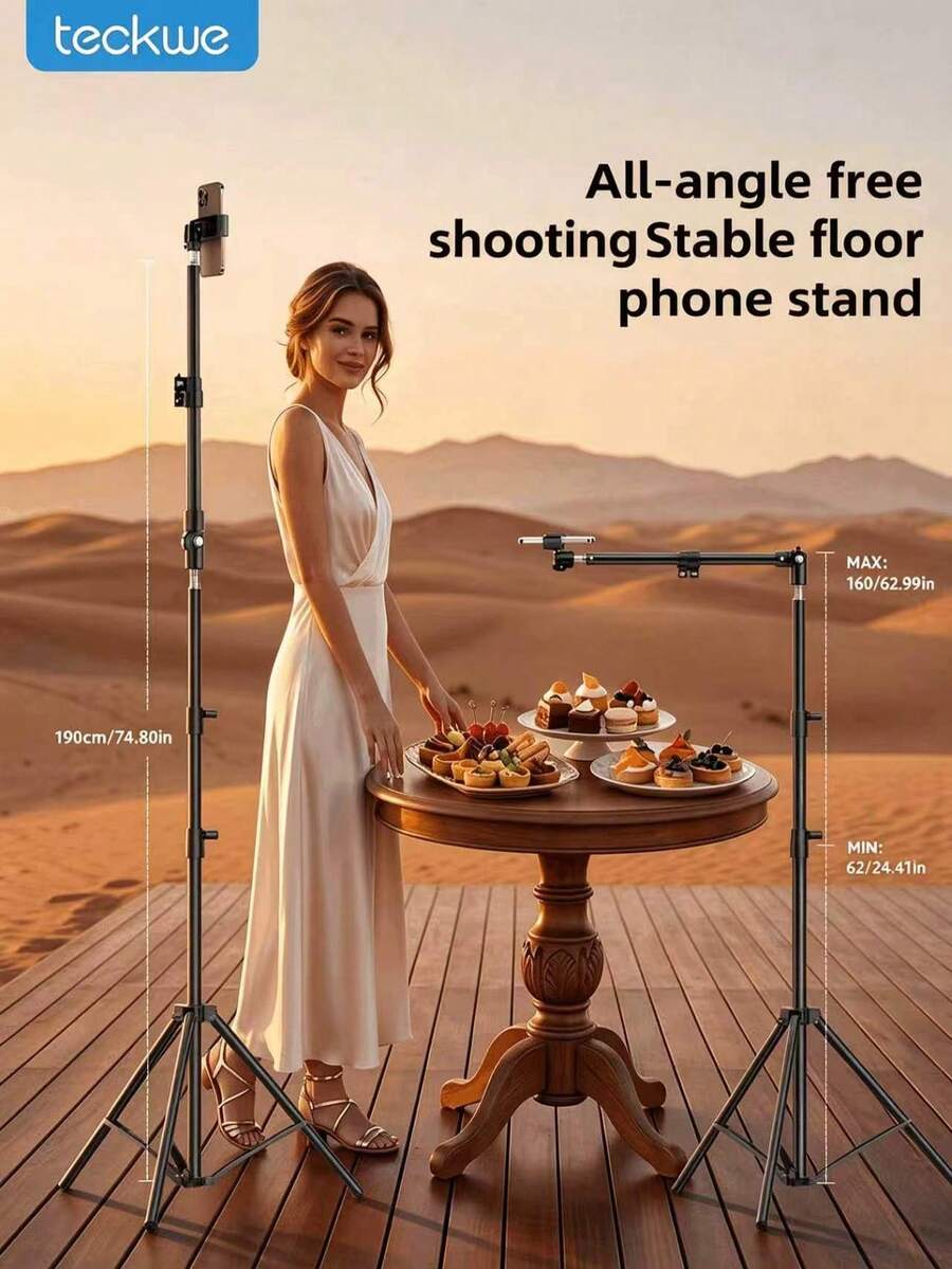 Teckwe Adjustable Floor Tripod With Rotating Telescopic Arm And Phone Holder, Featuring Height-Adjustable Extension And Telescopic Mechanism, Portable And Easy To Store. Suitable For Smartphone Photography, Live Streaming, Video Recording - 74inch - View 1