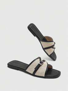 CUCCOO BIZCHIC Women's Black & White Contrast Linen Cross Strap Metal Buckle Square Toe Flat Slide Sandals, Summer Outdoor Beach Shoes - Black - View 8