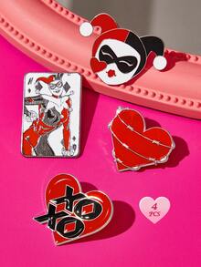 Harley Quinn X SHEIN 4件組時尚鋅合金紅色胸針別針套組，包包吊飾，適合作為禮物、收藏品、紀念品 - 彩色 - 查看 2