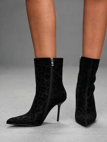 CUCCOO SZL Leopard Print Pointed-Toed Thin-Heeled Short Boots For Women, Rear Zipper High-Heeled Slim Ankle Boots - Black leopard print booties - View 5