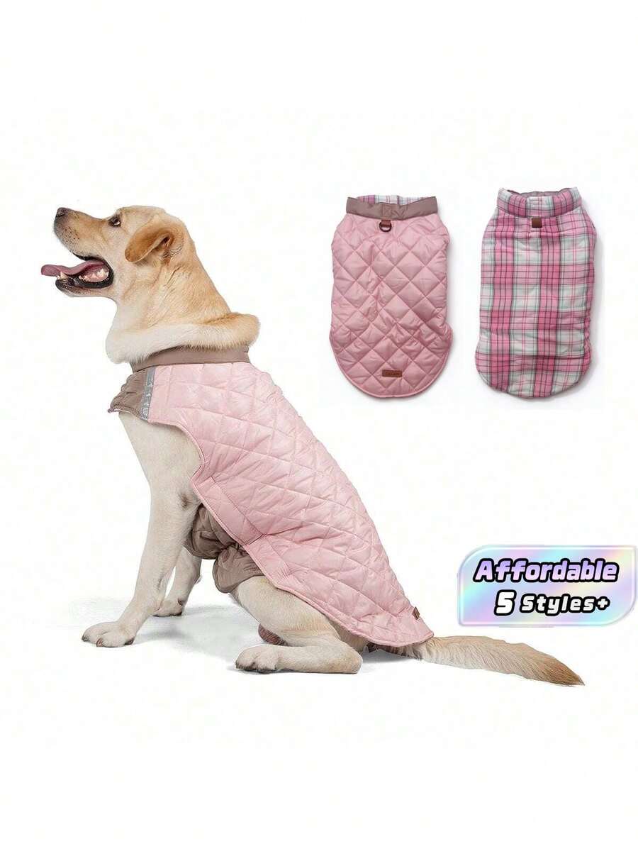 1pc,Reversible,Pink / Striped Checkered Pattern,Reversible Reflective Plaid Dog Vest, Suitable For Autumn/Winter, Warm Belly Protection, Leash Buckle, Fits Various Dog Breeds - Baby Pink - View 1