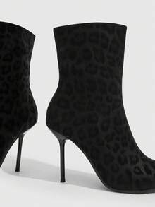 CUCCOO SZL Leopard Print Pointed-Toed Thin-Heeled Short Boots For Women, Rear Zipper High-Heeled Slim Ankle Boots - Black leopard print booties - View 9