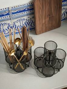 Cirelle 1Pc Black Metal Rotating Storage Basket,Compartment Divided Desk Caddy,Multi‑Function Desktop Organizer,Rotatable Design For Desk Countertop,For Stationery Cutlery Small Items,Desk Accessories,Tabletop Storage,Room Decor,Kitchen Counter Organizer - Black - View 2
