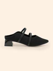 CUCCOO BASICS French Pointed Fabric Closed Toe Slippers Women's Summer Wear Double Thin Strap Thick Heel Sandals Knitted Mules Shoes Black Fall Shoes - Black - View 4