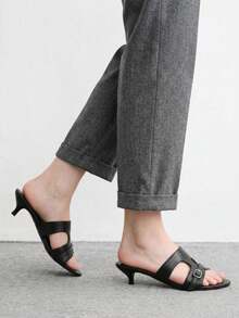 CUCCOO BIZCHIC Black Belt Buckle Hollow Kitten And Sandals, Women's Simple Commuting Slippers - Black - View 3