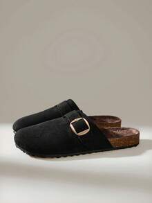 Solecia Autumn And Winter New Elegant Imitation Suede, Buckle With Round Toe Design, Slip-On Exposed Heel, Women's Flat Shoes - Black velvet - View 2